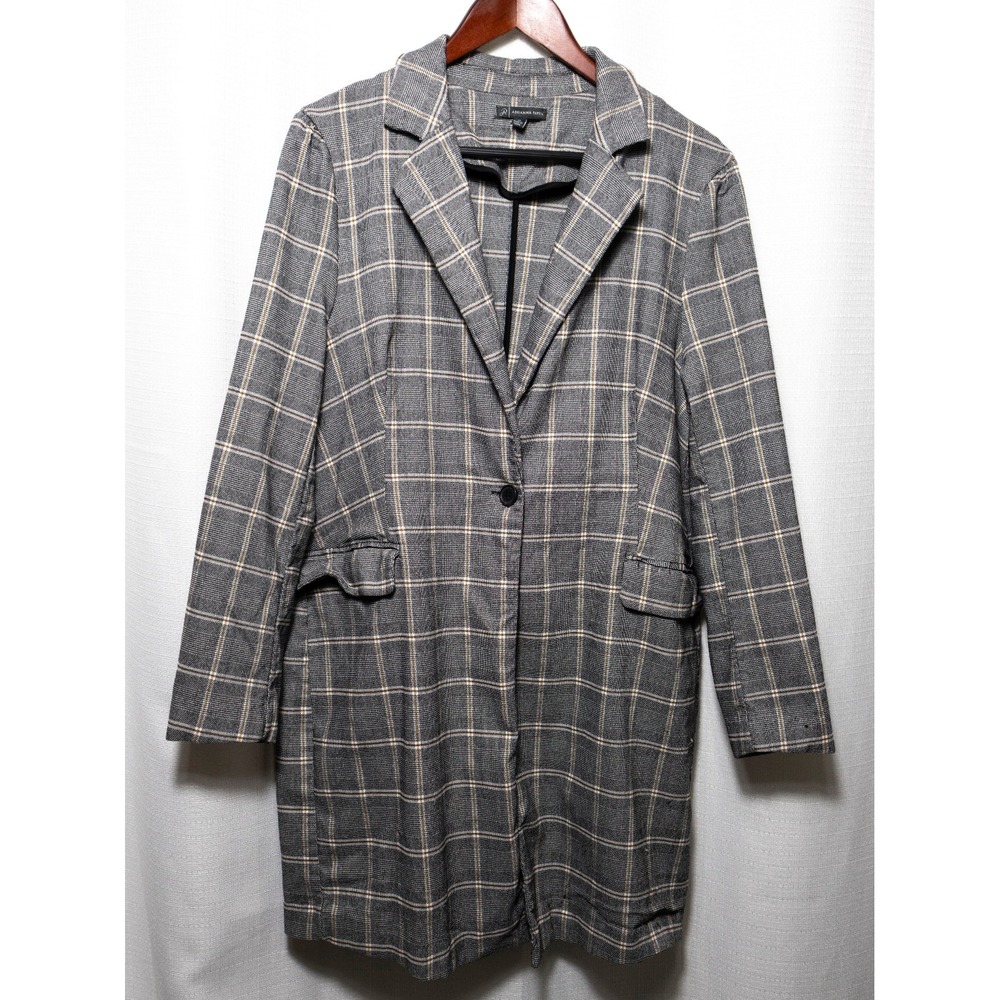 Adrianna Papell Blazer XL Grey Plaid Longline Trench Dark Academia Preppy Coat